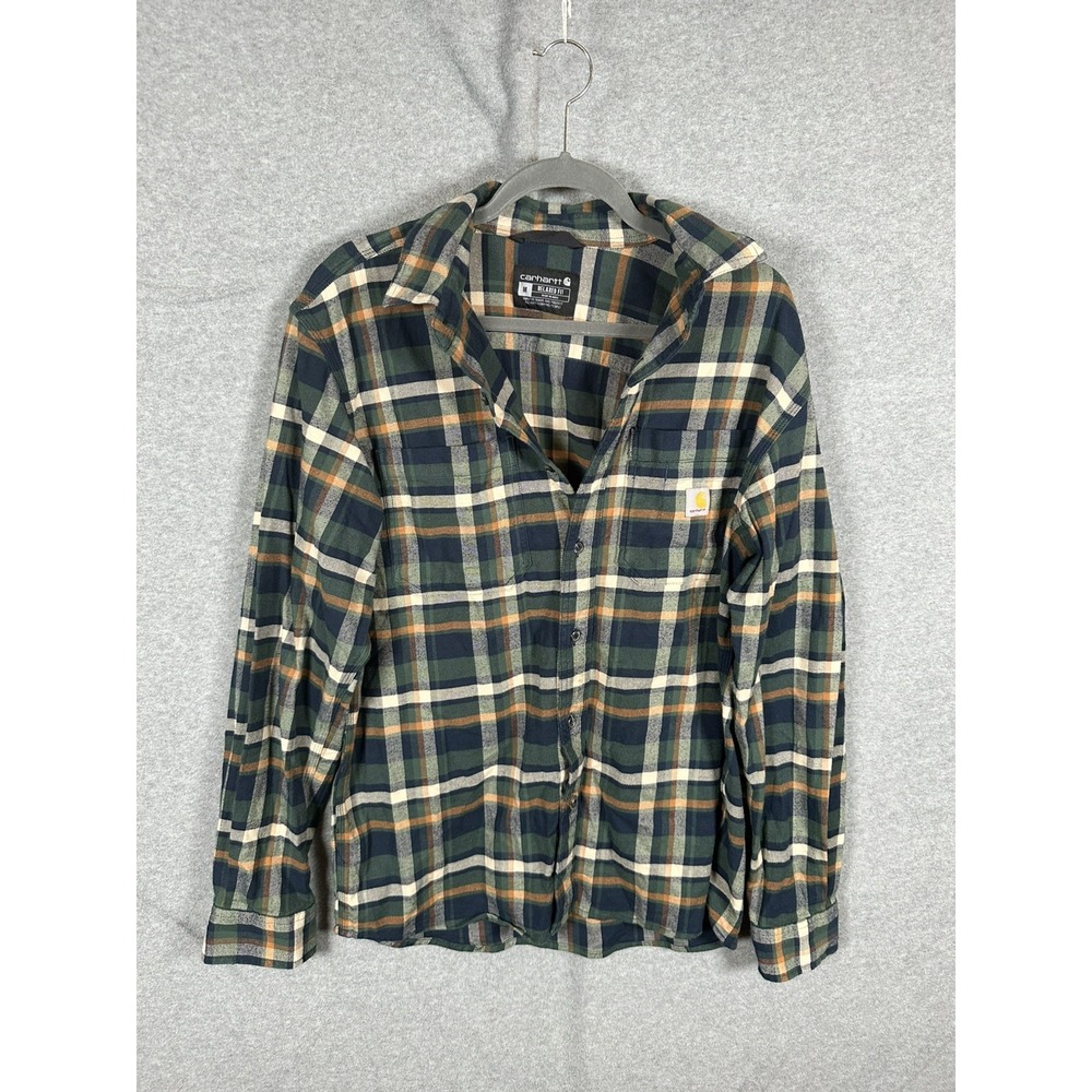 Carhartt Mens M Rugged Flex Relaxed Fit Plaid Flannel Shirt Green Blue 106352